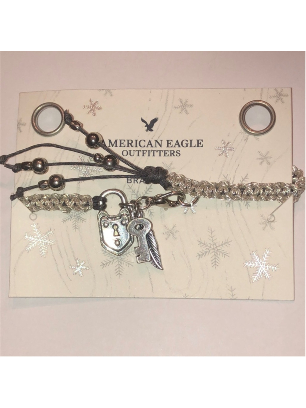American Eagle AE Silver Tone Lock Key Feather Charm Bracelet